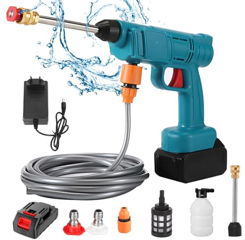 Limpiador de Alta Presión, TGKYK Pistola de Lavado Inalámbrica con Batería, Boquillas, Mangueras, Tanque de Espuma, Pistola de Lavado de Coche Portátil para Coches, Casas, Césped (6000mah)