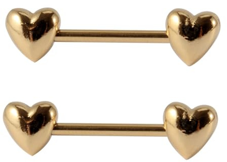 14G Gold Heart Nipple Barbell Rings for Women Unisex Stainless Steel Polished Tongue Ring Small Cute Double Love Minimalist Hypoallergenic Body Piercing Jewelry Gifts