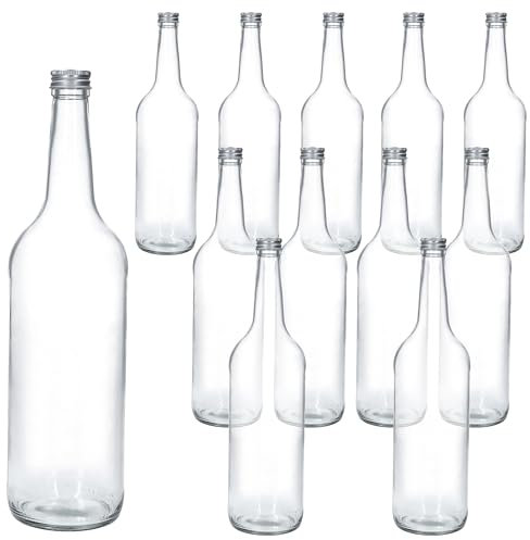 MamboCat Lot de 12 bouteilles à col droit de 1 l + bouchon à vis argenté I Bouteille en verre durable avec couvercle à visser de 1000 ml I À remplir pour jus, eau, huile, vinaigrette, etc