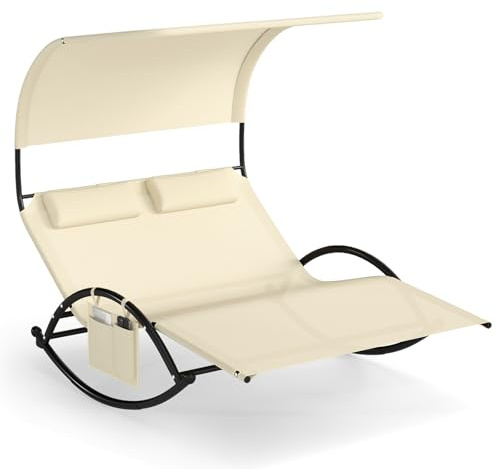 COSTWAY Lettino Prendisole a 2 Posti, Lettino in Tessuto Textilene, con 2 Poggiatesta Staccabili, Sedia a Dondolo da Giardino con Struttura Metallica, Lettino con Tettuccio Portata 300 kg (Beige)