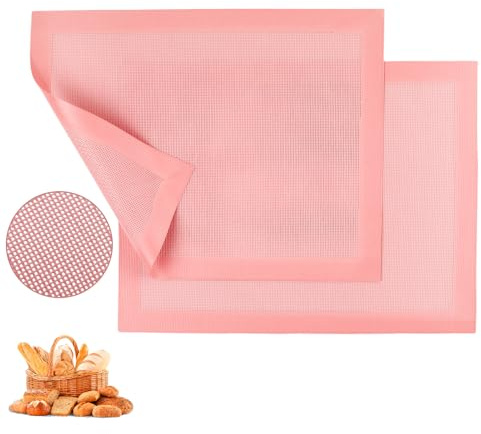 15.7x11.8 Perforated Baking Mats, Non-Stick Hollow Out Silicone Mat, Reusable Oven Liner for Half Sheet Pan, Making Bread/Pizza/Macaron/Pastry/Cookie (2 Pcs, Pink)