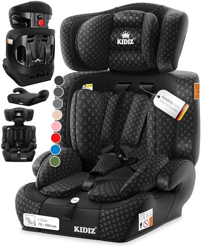KIDIZ® Autokindersitz i-Size R129 100-150 cm bis 12 Jahre – Kinderautositz Gruppe 1/2/3 ohne Isofix, mitwachsender Kindersitz, 5-Punkt-Gurt, höhenverstellbare Kopfstütze, Sitzerhöhung Auto, Schwarz