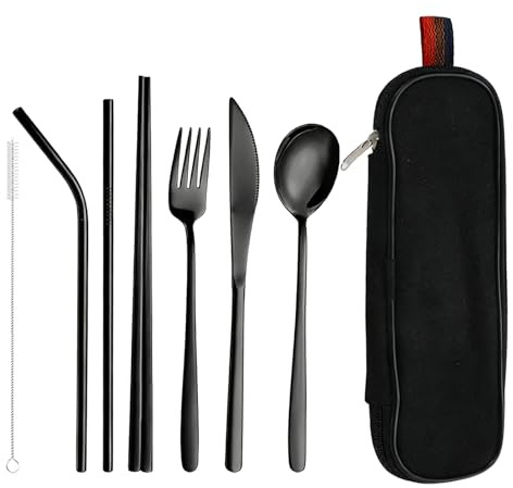 Titanium Black Stainless Steel Camping Cutlery Set, 8 Pcs Portable Fork Knife Spoon Chopsticks Straw Brush Sets with Case for Travel Work Outdoor Camp Etc Reusable Lunch Utensils