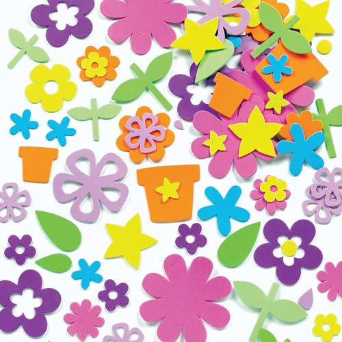 Baker Ross EK342 Self Adhesive Flower Garden Foam Stickers - 200pcs, 0.8cm - 8.5cm, Assorted Designs, Colourful Mixed Stickers