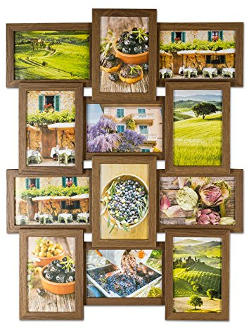 levandeo Bilderrahmen Collage B x H: 58x45cm 12 Fotos 10x15 Nussbaum MDF Holz fertig montiert Glas