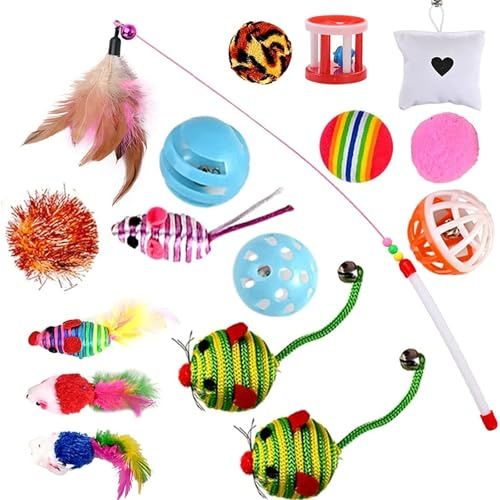 GOLDGE Giocattoli per gatti, giocattoli per gattini per interni, 16 pezzi, giocattoli interattivi per gatti, tra cui erba gatta, palle, topi, piume, bacchetta, set regalo per gatti e gattini