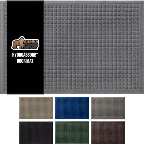 GORILLA GRIP® Ultra Absorbent Front Door Mat Outside Entrance, 35x23, Traps Dirt and Moisture, HydroABSORB Indoor Outdoor Doormat Holds Up to 5.7 Cups Water, Stain and Fade Resistant Welcome Mat, Grey