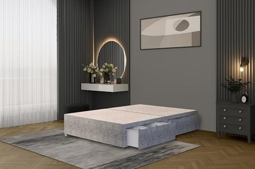 Bed Centre Flexby Divan Bed Base Only with 2 Drawers (Same Side), No Headboard - Available in 3FT, 4FT, 5FT & 6FT (6FT Super King, Tweed Grey Fabric)