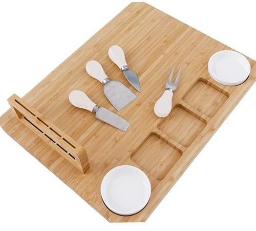 Tabla de Queso de Madera con Juego de Cubiertos, Bandeja for Queso, Tabla for Cortar Queso, Juego de 13 Piezas, Plato de Cena, Plato de Fruta, Plato de Aperitivos