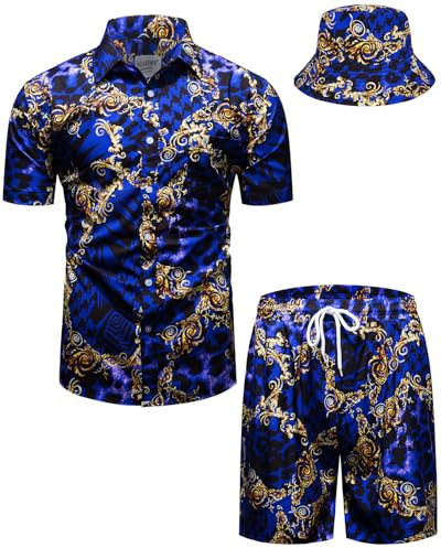fohemr hommes baroque ensemble de deux pièces modèle de luxe noir chemise short avec chapeau de pêcheur Casual set vacances d'été Beach set 3X-Large