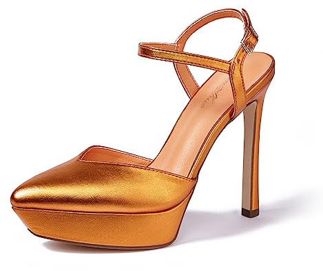 GENSHUO Scarpe Donna Punta Plateau 13cm Cinturino Caviglia Festa, Arancione MOD B, 37 EU