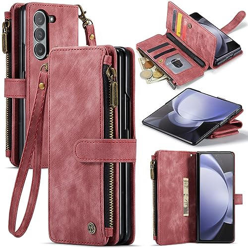 UEEBAI Wallet Case for Samsung Galaxy Z Fold 5 5G, Premium Handmade PU Leather Phone Case Card Slots Magnetic Closure Zipper Pocket Kickstand Flip Case with Hand Strap - Red