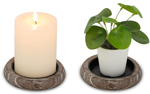 Inweder Portacandele in Legno: Set di 2 Bruno Portacandele a Colonna Piatto per Candele Vintage Porta Candela da Tavolo Piccolo Candeliere Rustico per Centrotavola Matrimonio Natale Evento