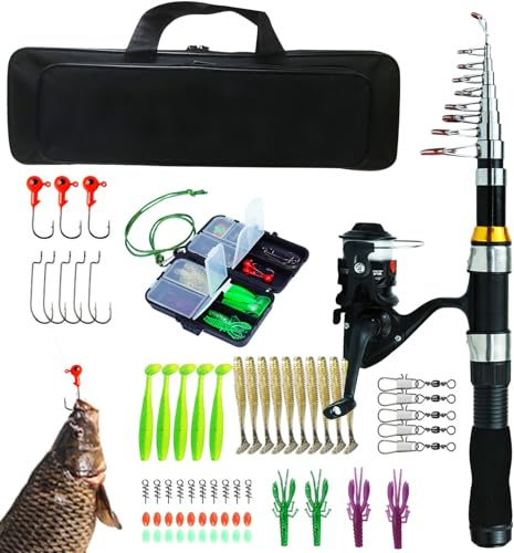 Ensemble de canne à pêche – Ensemble canne à pêche portable et moulinet avec étui, canne et moulinet pour adultes, voyage en eau salée et eau douce, accessoires de pêche pour les amateurs de pêcheur