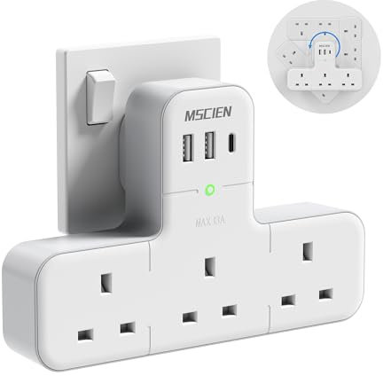 Mscien Multi Plug Adaptor, 6 in 1 Plug Extension Socket 3 Way 3 USB(3.4A,1 Type-C), Wall Socket UK Power Strip with 315 Degree Rotation, Plug Adapter Surge Protected Extender For Home Office