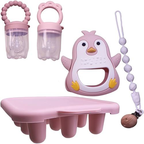 MIMITO 2 fruktsugare frysskål penguin tandleksak pacifier clip, baby tanduppsättning, baby matmatfeeder, frysbricka, pacifier collar clip & Teething Toy (rosa)