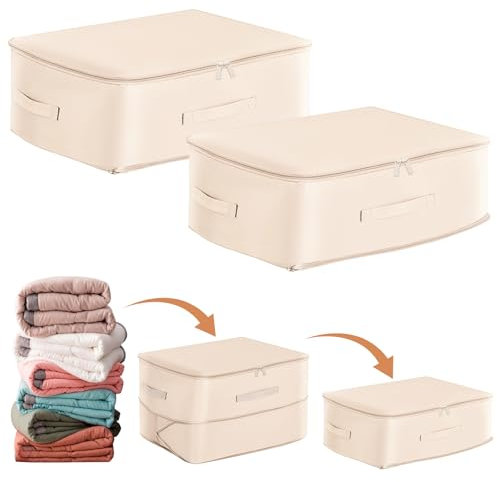 2 Stück Ultra Platzsparender Selbstkomprimierender Organizer, Aufbewahrungstasche für Bettdecken, Groß Selbstkomprimierende Bewegliche Organizertaschen for Decken Kleidung (Beige, L 52x42x30CM)