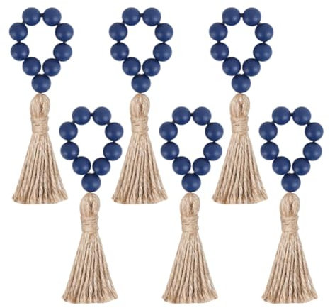 JIHUOO Lot de 6 ronds de serviette de table en bois rustique avec pompons - Style bohème - Pour mariage - Bleu