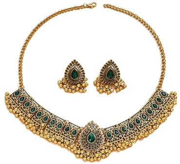 Parure di gioielli indiani tradizionali bohémien per donne e ragazze, in argento anticato ossidato etnico festa ballo di fine anno, collana con ciondolo a forma di fiocco punk e cristallo regalo,