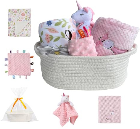 CREVENT Baby välkommen presentset förvaringskorg med två filtar + en säkerhetsfilt + en taggie + en presentpåse med band (rosa)
