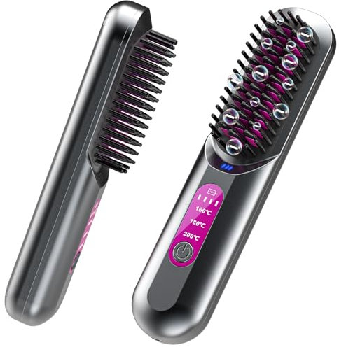 Cordless Hair Straightener Brush, HOMELYLIFE 5000mAh Portable Heated Straightening Comb for Travel, Mini Negative Ion Hair Straightener Brush USB Rechargeable for Women, Beard Straightener for Men