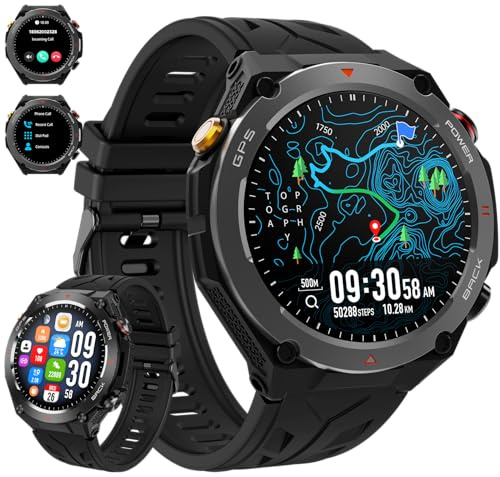 Reloj inteligente militar con GPS, presión/altitud/brújula, reloj inteligente resistente para hombres con batería extra grande de 650 mAh, contestar/hacer llamadas, más de 100 modos deportivos