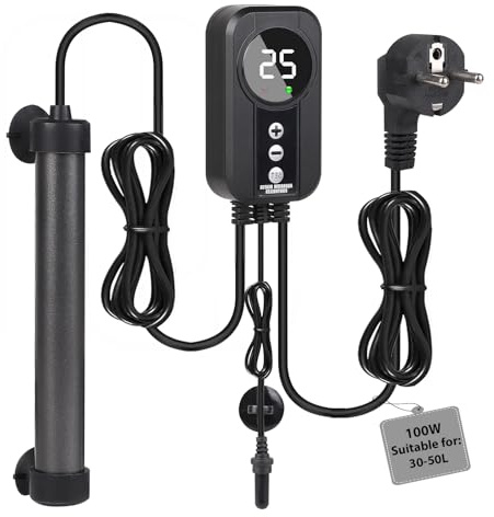 EXLECO Riscaldatore Acquario da 100 W Tubolare in Titanio con Controller a LED e Sensore di Temperatura, Riscaldatore per Acquario Pesce con Temperatura Regolabile, Adatto per Pesci Mini 30-50 Litri