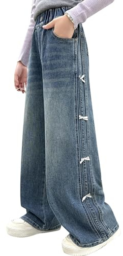 Rolanko Girls Baggy Jeans, High Elasticated Waist Wide Leg Loose Bootcut Denim Jeans Pants for Teens 6-15 Years
