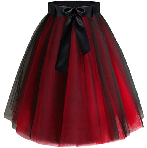 YOUYIKE Jupe Tulle Femme, 65cm Longue Carnaval Costume Tutu avec Ruban, 5 étages Taille Unique Gothique Jupe Femme Chic et Elegant pour Cosplay Fête (Noir et Rouge)
