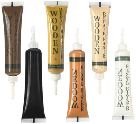 LUDHEP Set 6 Paste Riparazione Legno, Kit di riparazione per parquet, 6 Colori (Bianco, Acero, Noce Chiaro, Tawny, Nero, Log), per Mobili, Pavimenti e Danni in Legno