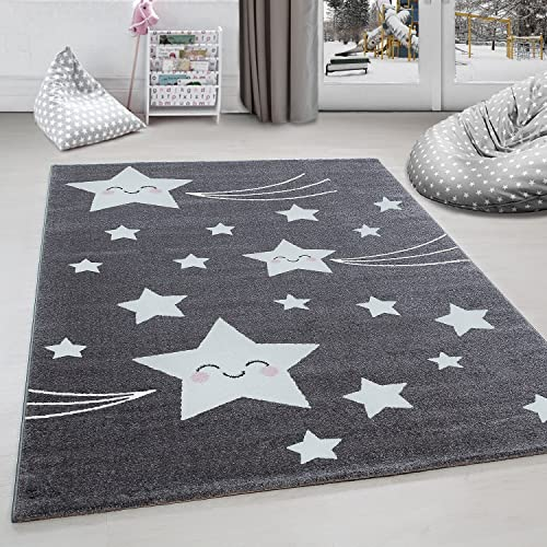 Carpettex Kinderteppich süße Stern Design Grau 120 cm Rund - Kurzflor Teppich Kinderzimmer für Mädchen und Jungen Pflegeleicht Weich - Waschbarer Spielteppich Babyteppich Gaming Teppich Babyzimmer