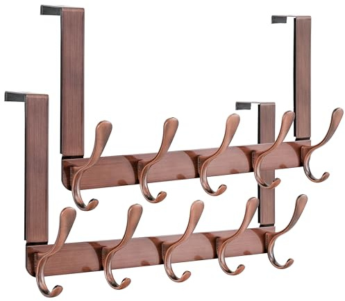 SKOLOO Over The Door Hook Hanger for Hanging Clothes, Towels, Coats, Hats, Over Door Coat Rack - 5 Hooks, Pack of 2, Retro Red, Assembly Required