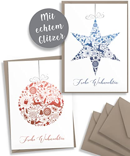 brint.® Weihnachtskarten mit Umschlägen (Kraftpapier) - 10 Stück | Mit Glitzer veredelt | Weihnachtskarten-Set schlicht & edel | A6 exklusiv Klappkarten mit Umschlag Set Nostalgie Team modern