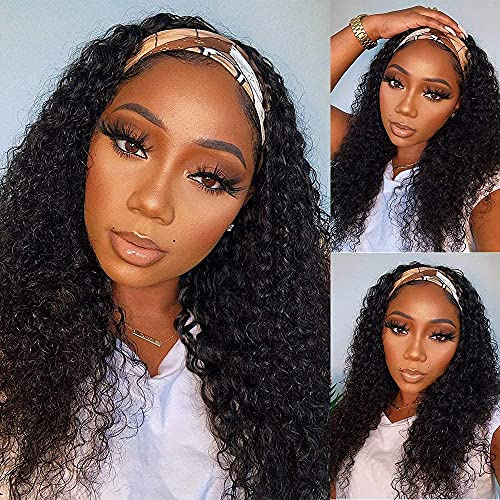 WENYAN Headband Wig Human Hair Deep Wave 16 Inch Wigs for Black Women Glueless None Lace Front Curly Wave Wig Brazilian Virgin Hair Wear and Go Wigs Machine Made 150% Density Natural Color