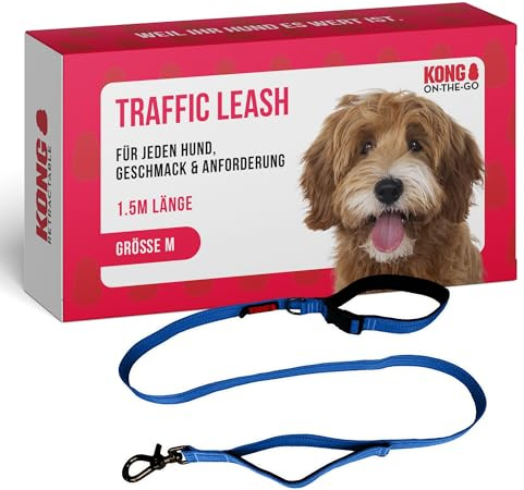 KONG Guinzaglio per cani da 1,5 m di lunghezza, per cani di taglia media fino a 30 kg, taglia M, guinzaglio a prova di traffico per cani in blu, con 2 passanti imbottiti e robusto moschettone