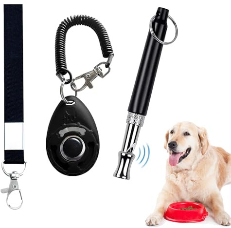 Professional Dog Whistle and Dog Clicker Set, Supersonic Dog Training Whistle for Recall with Black Lanyard Adjustable Frequency Puppy Clickers for Training Stop Barking Pet Obedience(2 Pieces)