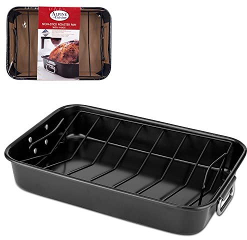 Alpine Cuisine Turkey Roaster Pan with Rack 16-Inch - Nonstick Coating Carbon Steel Pan - Black & Heavy Duty Roasting Pan - Easy to Clean, Multipurpose Use - Durable & Dishwasher Safe
