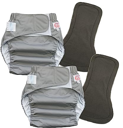 2 Pack Adult Cloth Diapers with Diaper Inserts, Washable Reusable Adult Diaper Cover Elderly Incontinence Protection Nappies Underwear Adult Diaper for Women Man, Waist 39.4-53.2” (Gray XL)