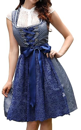 Clearlove Ensemble de 3 Robes de Costume Courtes élégantes pour Femme Dirndl avec Robe Dirndl, Tablier Dirndl, Chemisier Dirndl pour l'Oktoberfest (Bleu, 36)