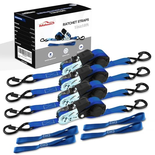 NeatStrap Ratchet Strap with Safety Lock Chromoly S Hooks-1,500lbs Break Strength-Motorcycle, Kayak Ratcheting Straps 1 x 15' Soft Loop Tie-Downs for Pickup Bed,Moving Truck,Trailer(4PK)