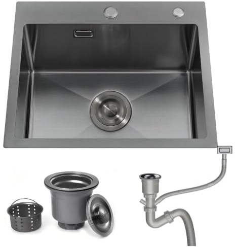 Bokaiya Black Kitchen Sink, 50 x 45 cm Drop in Topmount Stainless Steel Small Caravan Sink, Deep Outdoor Single Bowl with 2 Tap Holes and Siphon, for Small Kitchen, Bar, Restaurant