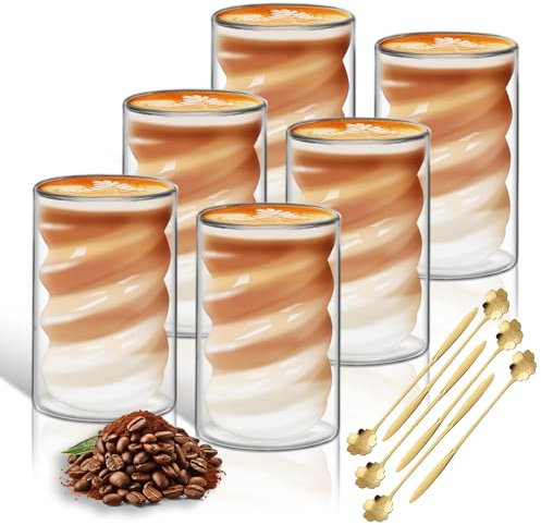 Latte Macchiato Gläser Twill Doppelwandig 400ml 6er Pack mit 6 Löffeln Doppelwandige Kaffeegläser Cappuccino Tassen Glas Spiralförmig Thermogläser Teegläser aus Borosilikatglas