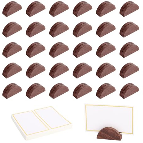 Goktvai 30pcs Wooden Table Number Holders, Semicircular Wood Table Number Stands with 60 Place Cards Photo Menu Tag Holder Support for Wedding Restaurant Banquet Birthday Party (Brown)