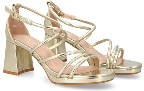 shoes&blues.es 95306 Sandalia de Tacon con Diseno de Tiras Finas y Talon Cerrado. Comodos con Plataforma, Ideal para Ocasiones Especiales. Oro Talla 38