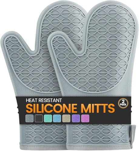 Silicone Oven Mitts, Heat Resistant 2PCS Oven Mitts with Soft Cotton Lining, Waterproof Non-Slip Grip Oven Glove, Kitchen Potholder Mits for BBQ, Baking, Cooking, 12.5 Inch (Grey, 2 pack)