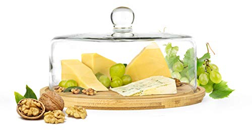 Sendez Campana in vetro con tagliere, 28 cm, campana per formaggio in vetro e legno
