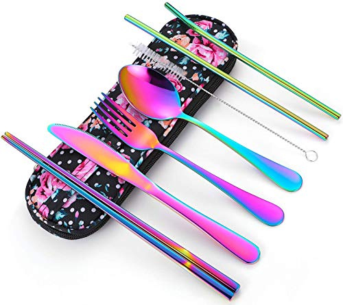 Travel Utensils,Reusable Silverware Set To Go Portable Cutlery Set with a Waterproof Carrying Case for Lunch Boxes Workplace Camping Picnic (Rainbow)