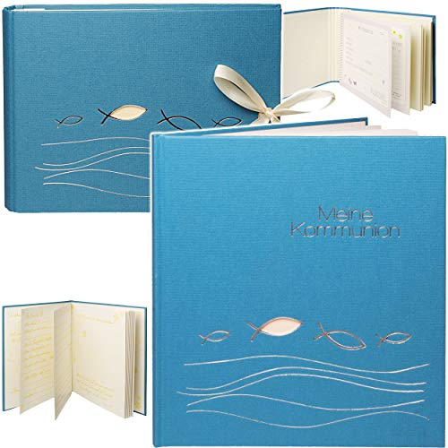2 TLG. Set: Kommunionsalbum/Erinnerungsalbum Eintragalbum + Fotoalbum - Meine Kommunion Ichthys - blau - Buch Gebunden - blanko weiß + bunt - 50 Seiten ..