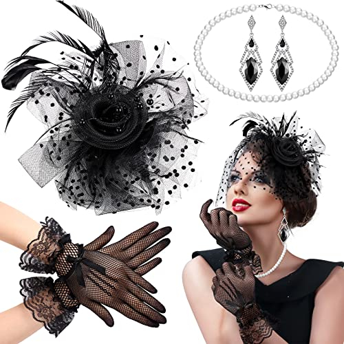 BBTO 4er Pack 1920er Flapper Zubehör 20er Jahre Accessoires Charleston Gatsby Mafia Kostüm Accessoires Damen inklusive Stirnband Halskette Handschuhe Vintage Ohrringe Requisiten Set