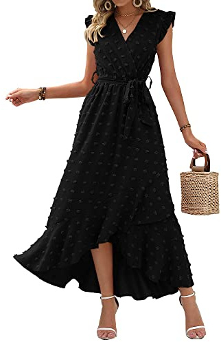 BTFBM Women V Neck Summer Dress 2025 Cap Sleeve Swiss Dot Boho Flowy Ruffle Slit Beach Party Long Maxi Cocktail Dresses(Black, Medium)